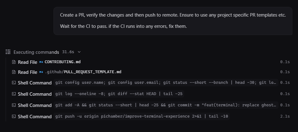 PiChamber session showing an agent executing commands — reading contribution guidelines, committing, and pushing a branch
